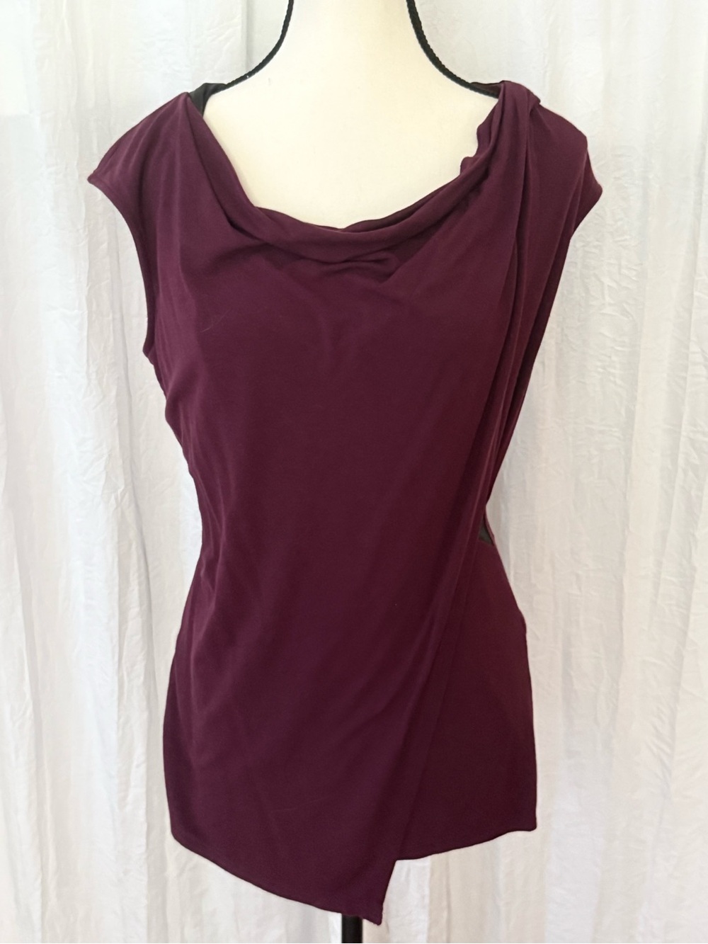 WHBM Burgundy Asymmetrical Wrap Top Size Small Sleeveless Draped Cowl Neck